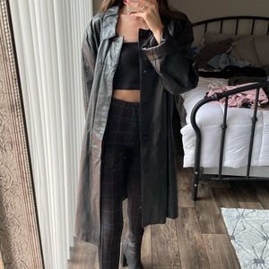 Black genuine leather trench coat